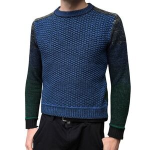 Mens Ombre Knit Sweater Blue Green Crew‎ Neck Long Sleeve Pullover